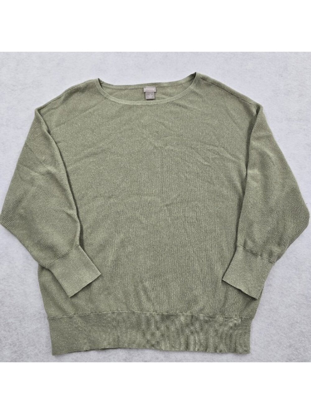 Chicos Dolman Sleeve Sweater Size XL Sage Green Ribbed Metallic Cashmere Detail